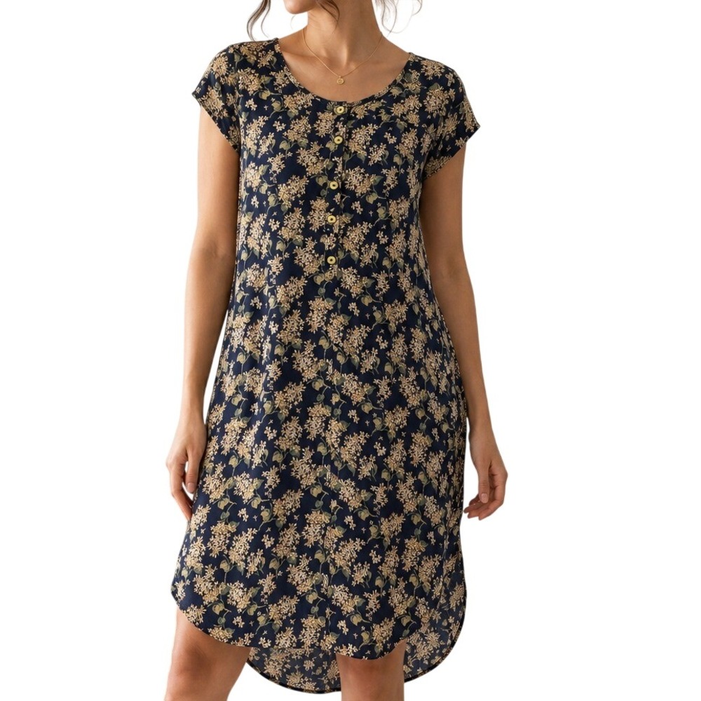 Avaasa Floral Tunic Dress S Navy Blue Button Front Boho Cottagecore High Low